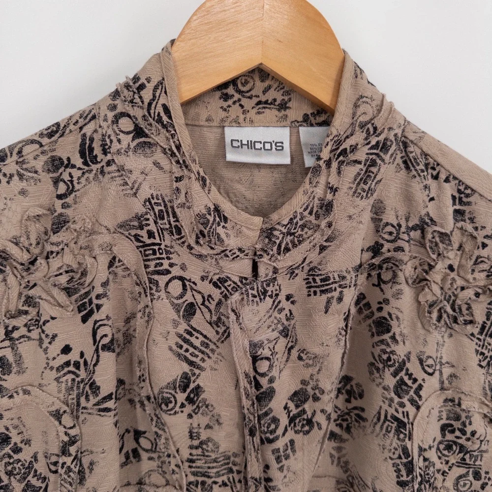 Chico's Silk Linen Textured Jacket L Sz‎ 2 Abstract Boho Artsy Floral Appliqué